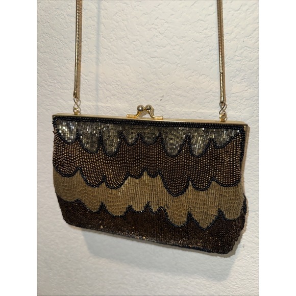 Vintage Heavily Beaded Clutch Evening Bag Handbag Purse Kiss lock Gold Multi Euc - Picture 3 of 13